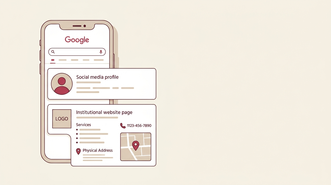 Ilustração mostrando busca no Google de um lado e o contraste entre perfil genérico e um site institucional estruturado